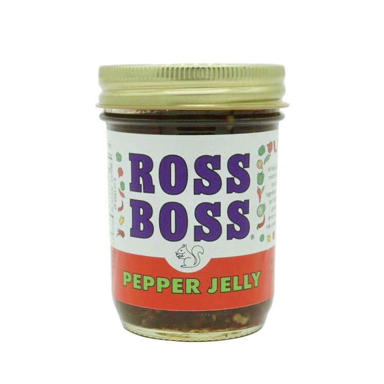 Jar of Ross Boss Pepper Jelly on a white background
